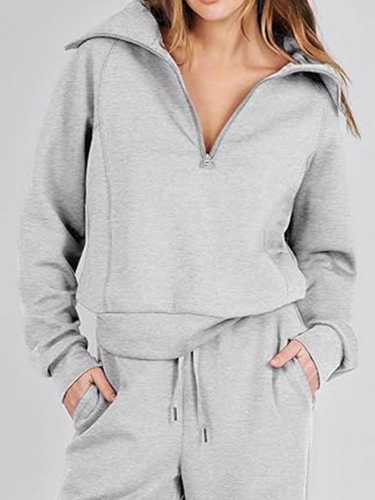 Women Sweatsuit Casual Two Piece Sets Loose Tracksuit Solid Color Jogger Sets Long Sleeve Sweatshirt Sets