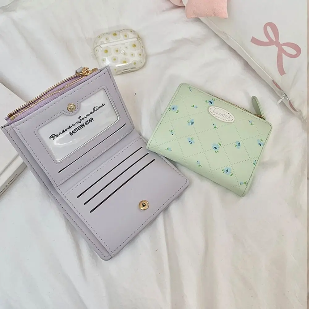

Portable Flower Women's Wallet Short Fold Student Wallet Zipper Pu Leather Coin Purse Card Bag
