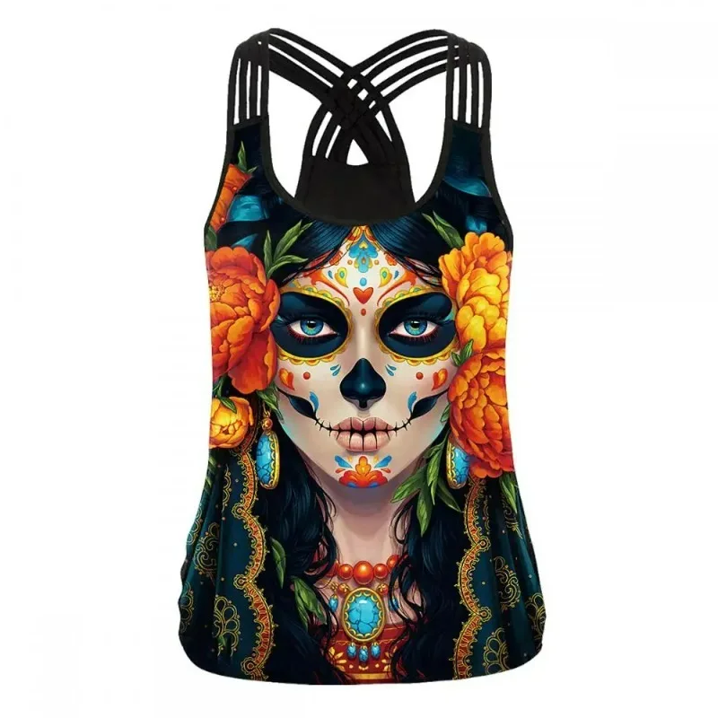 Halloween Black Goth Women Tank Tops Day of The Dead Rose Bride Print Black O-Neck Sleeveless Vest Streetwear Female Tee Clothes