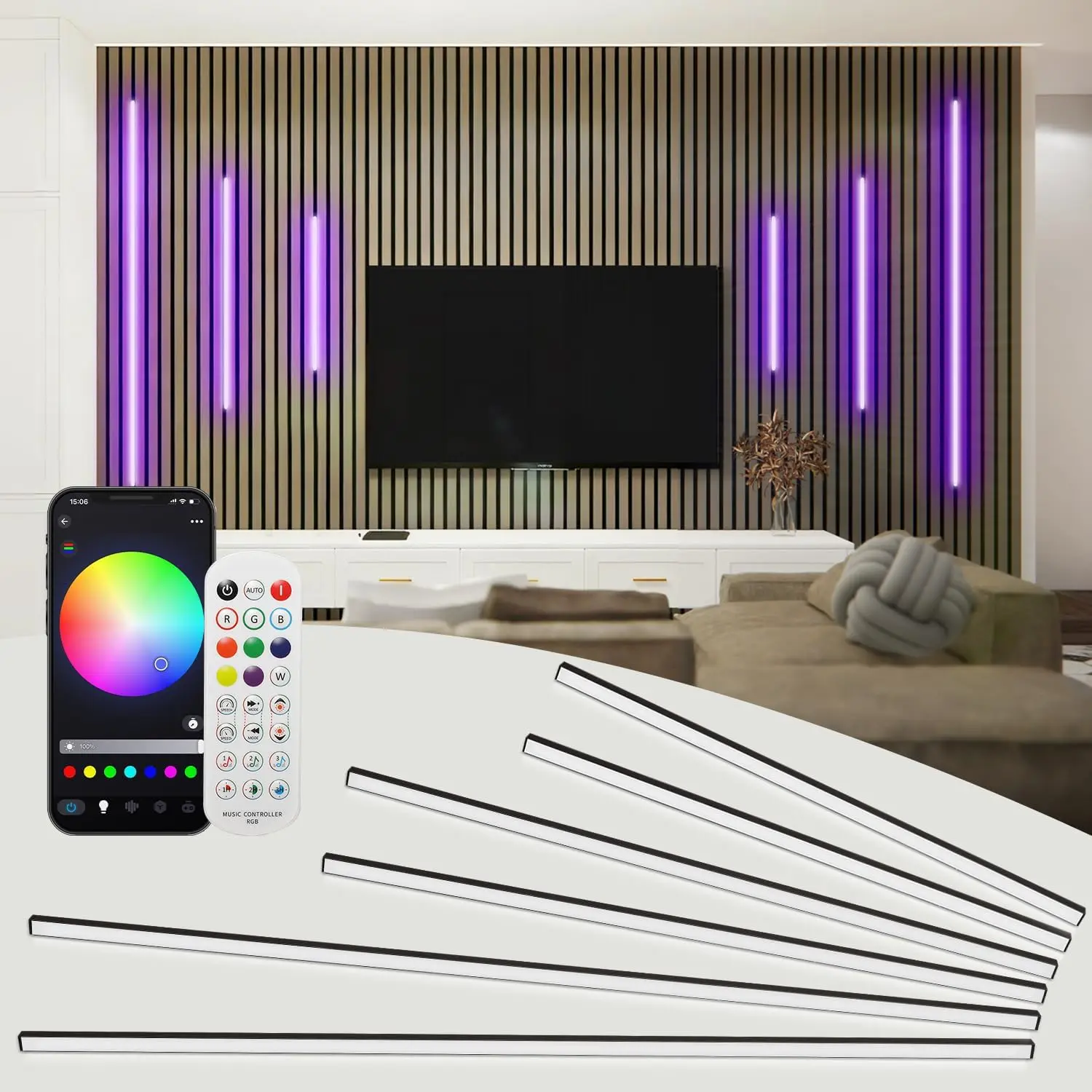 

6 Pcs RGB Smart Recessed Lights for Acoustic Panels, WiFi LED Compatible with Alexa, Self-Adhesive Black Aluminum Strips