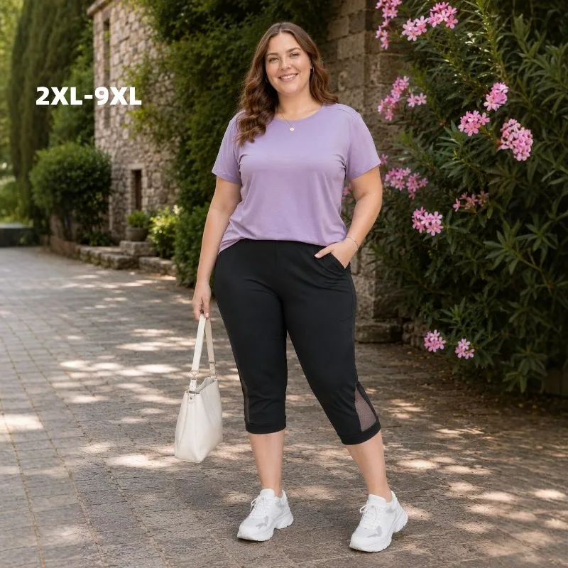 Mesh Hem Capri Pants for Women Elastic Waist Cropped Trousers Loose Fit Breathable Summer Casual Wear Plus Size Lightweight