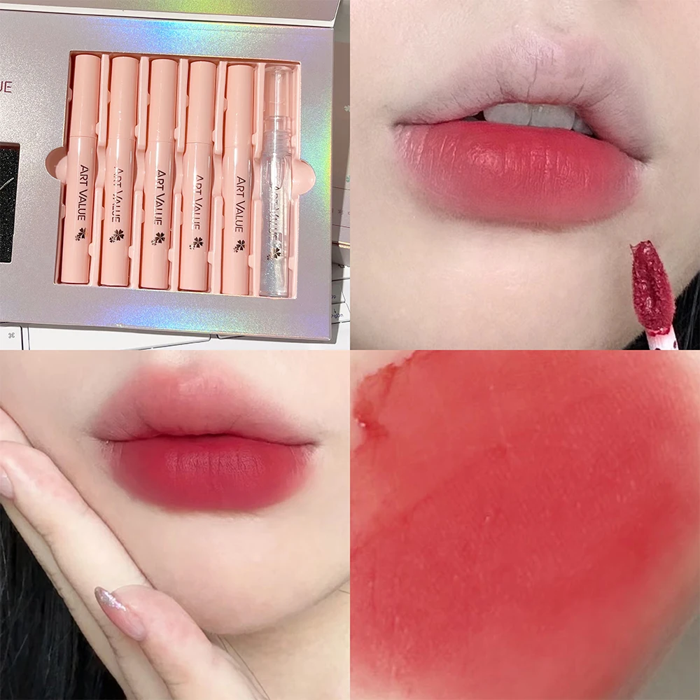 5 pezzi rossetto liquido opaco e balsamo per le labbra olio idratante lucidalabbra set trucco impermeabile primer tinta labbra cosmetici collana regalo