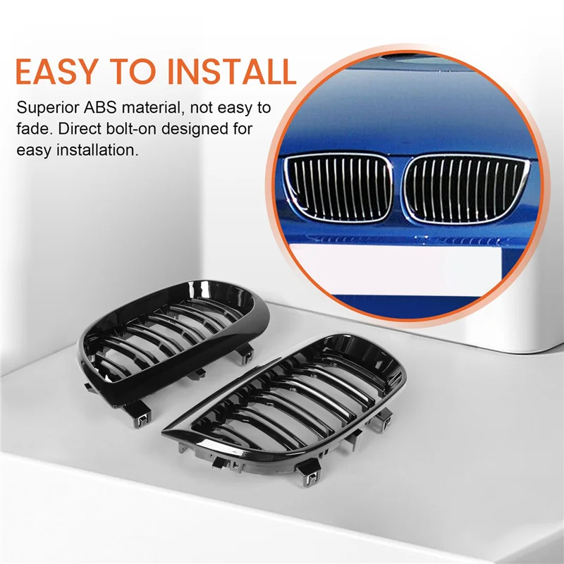 BB AT-Front Kidney Double Line Grille Sport Grill Replacement For-BMW E81 E87 E88 1 Series 2004-2007 GLOSS BLACK