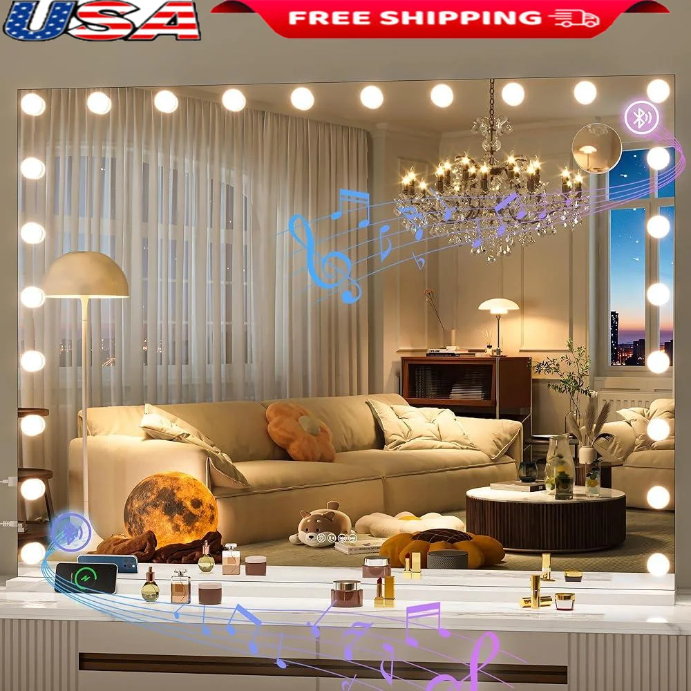 Lighted Vanity Mirror with Bluetooth Speaker 24 Dimmable LED Bulbs Adjustable Brightness 3 Lighting Modes Touch Control