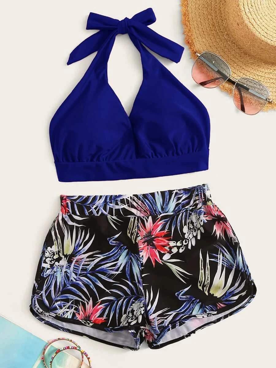 Vintage strój kąpielowy kobiety dwuczęściowy strój kąpielowy szorty Bikini Set Halter kontrola brzucha Bikini letni plażowy strój kąpielowy