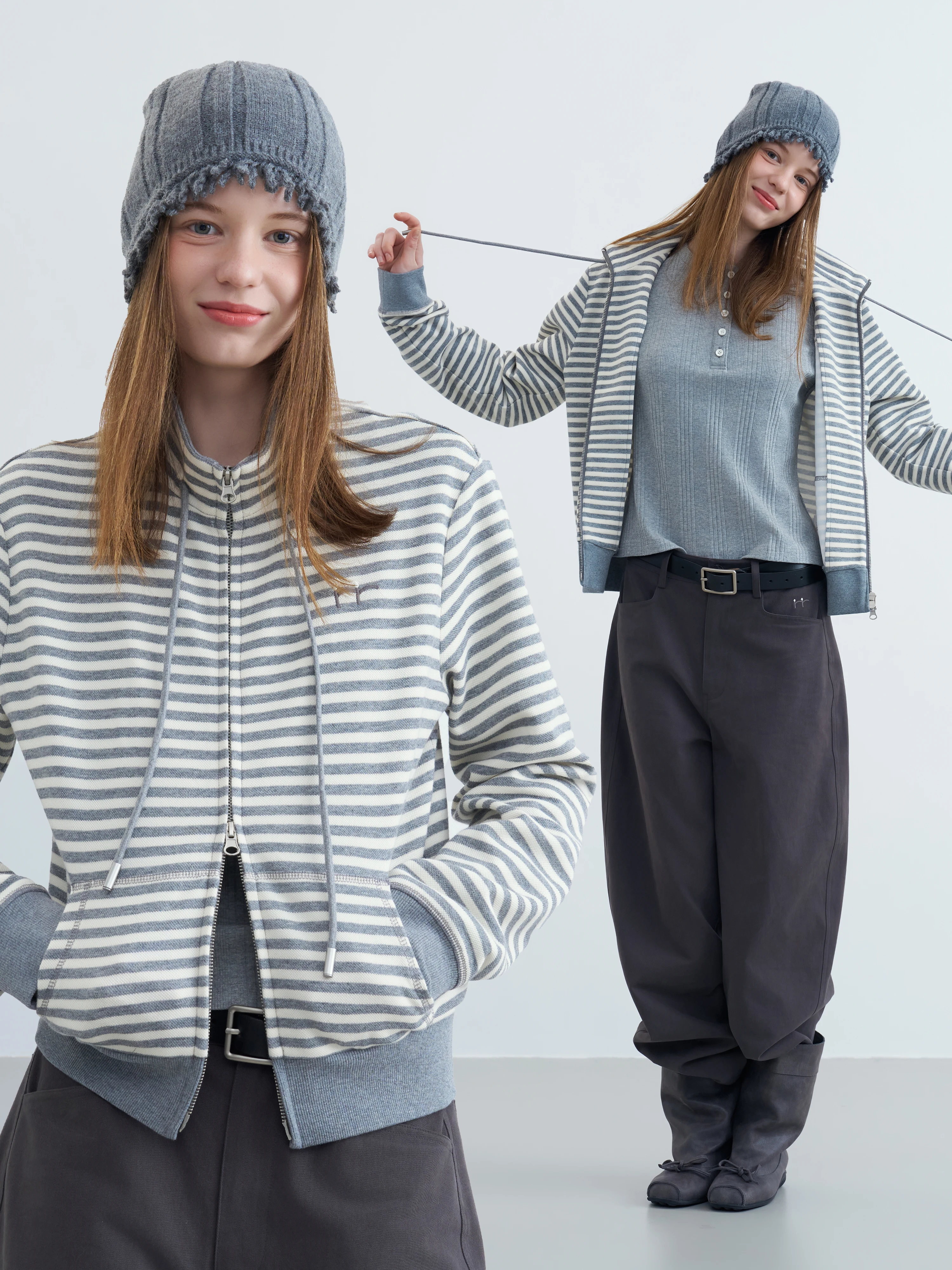 

Riverstone plus Women's Drawstring Hoodie Slim Fit Stripe Double Zipper Side Pocket Stand Collar Spring Outerwear