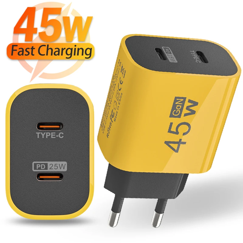 45W Dual Type C Phone Charger PD 25W USB C Fast Charging Power Adapter For iPhone Xiaomi Samsung Universal Tablet Wall Charger