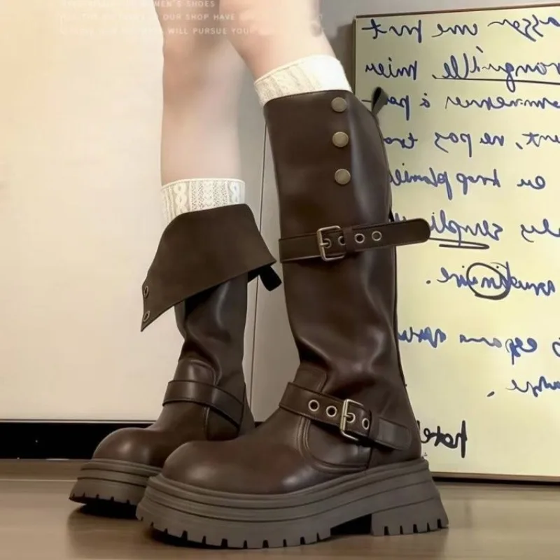Women Round Toe Knee High Boots Faux Leather Turn Over Cuff Multi Buckle Straps Chunky Platform Sole Vintage Western Tall Boots