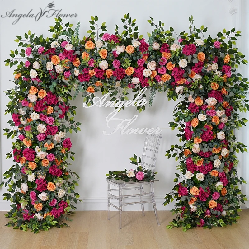 Hot Pink Orange Rose Green Leaves Arrangement Floral Outdoor Wedding Backdrop Flower Arch Frame Decor Event Party Props A8230