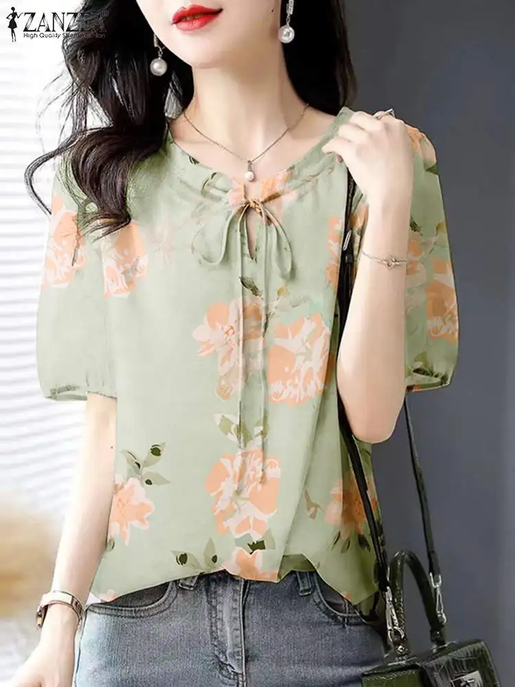 ZANZEA Summer Round Neck Tops Shirt Vintage Casual Chiffon Blouse Korean Bandage Floral Print Tunic Women Retro Holiday Blusas