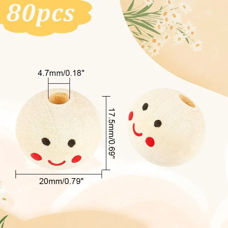 80 Pcs Face Wooden Beads, Smiling Face Beads Round Ball Beads Loose Spacer Beads Smooth Happy Face Bead Face Bead