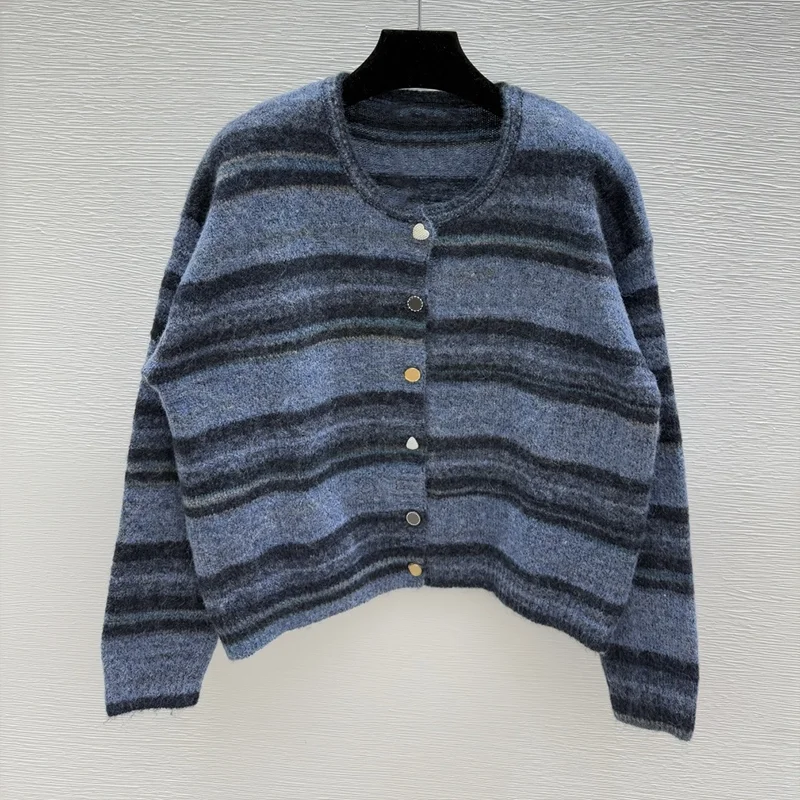 

Высококачественный разноцветный полосатый женский свитер с вышитым логотипом на одной пуговице, классический кардиган 251004118