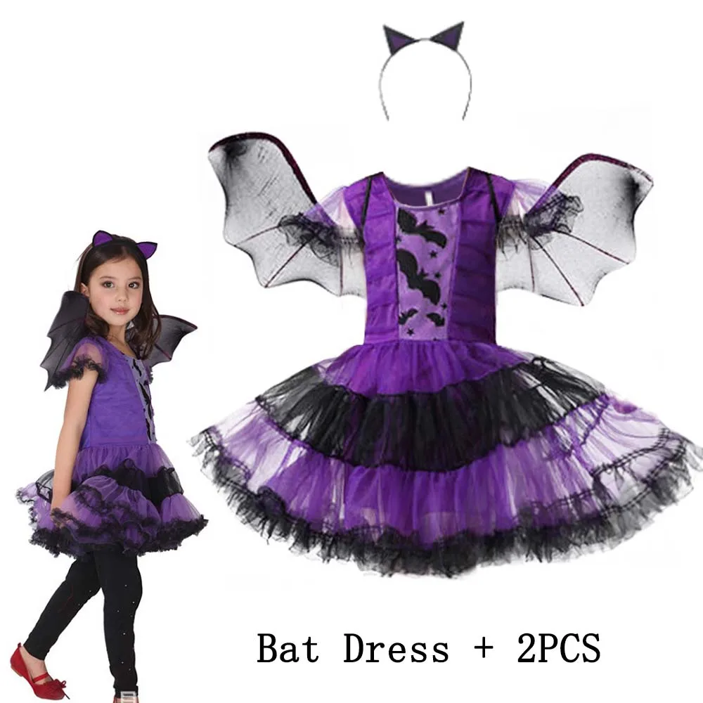 Kinder Mädchen Hexen-Cosplay-Kleid Fledermaus-Zauberer-Hut-Outfit Halloween Karneval Party Gruseliges Fancy Tutu-Kostüm für Kinder – Detail 3