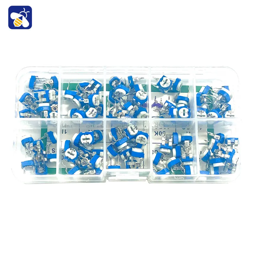 10 soorten verstelbare weerstanden potentiometroRM065 variabele 1K2K5K10K50K100K500K ohm 1M horizontale blauw en witte potentiometer