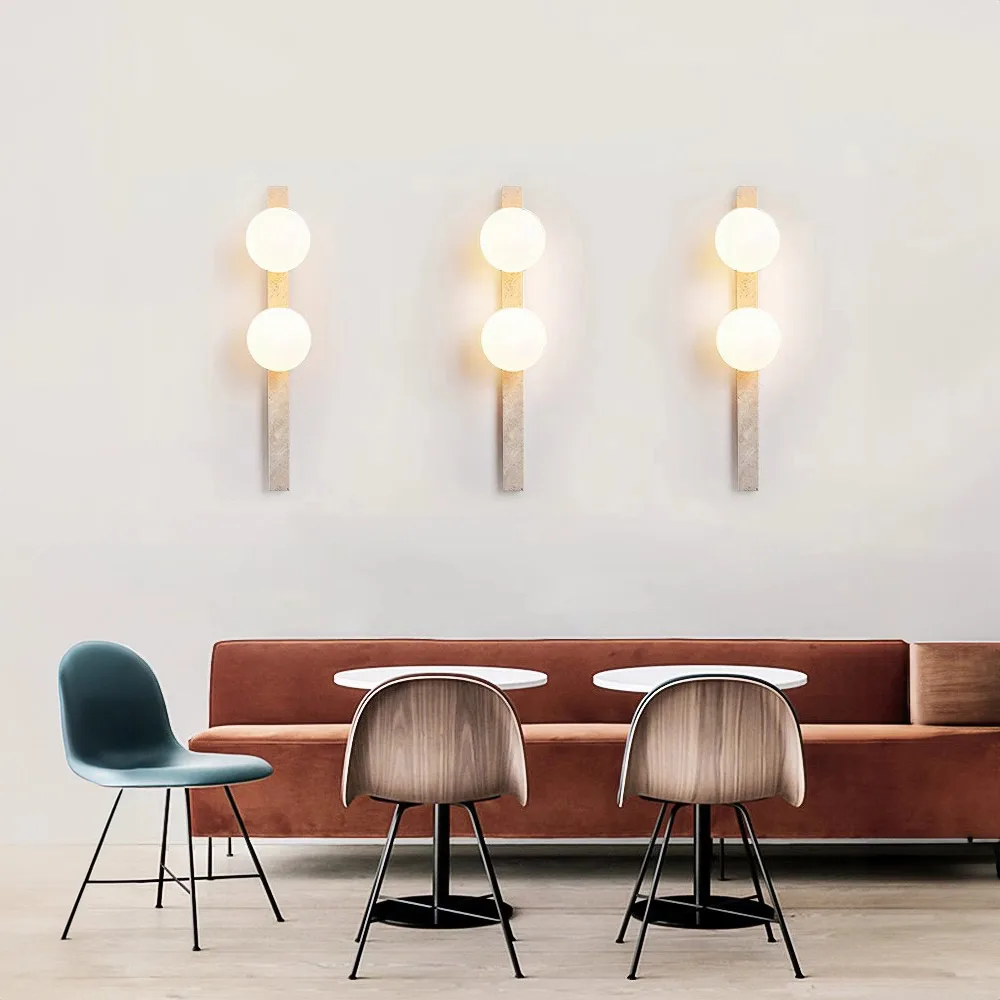 Glass Ball Yellow Travertine Stone, Wabi-sabi Modern style, Wall Sconces Light for Bedroom, Living,  Corridor, Entrance Hall
