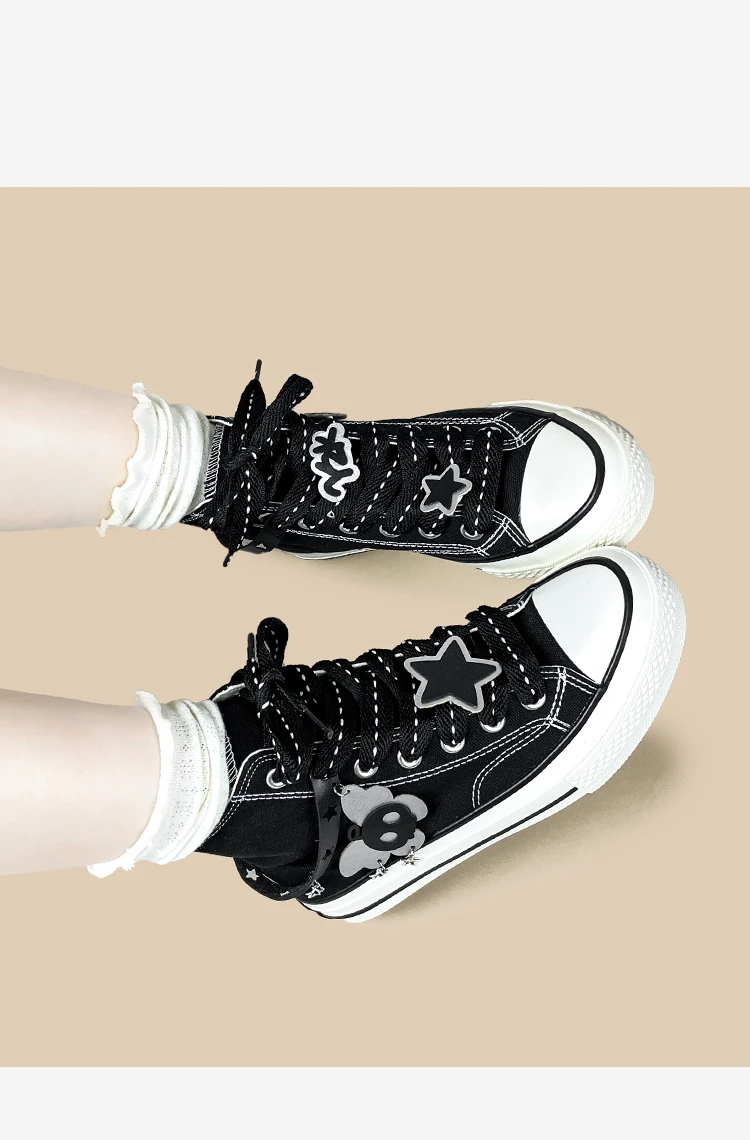 Amy und Michael Original Designer Schuhe Damen Gothic Schwarze High-Top Canvas Schuhe Mode Punk Riemen Charms Casual Sneakers – Detail 8
