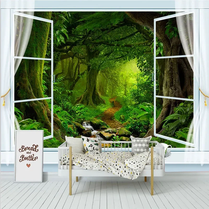 

Custom Any Size Mural Wallpaper 3D Green Tree Forest Landscape Nature Scenery Wall Painting Living Room Backdrop Papel De Parede