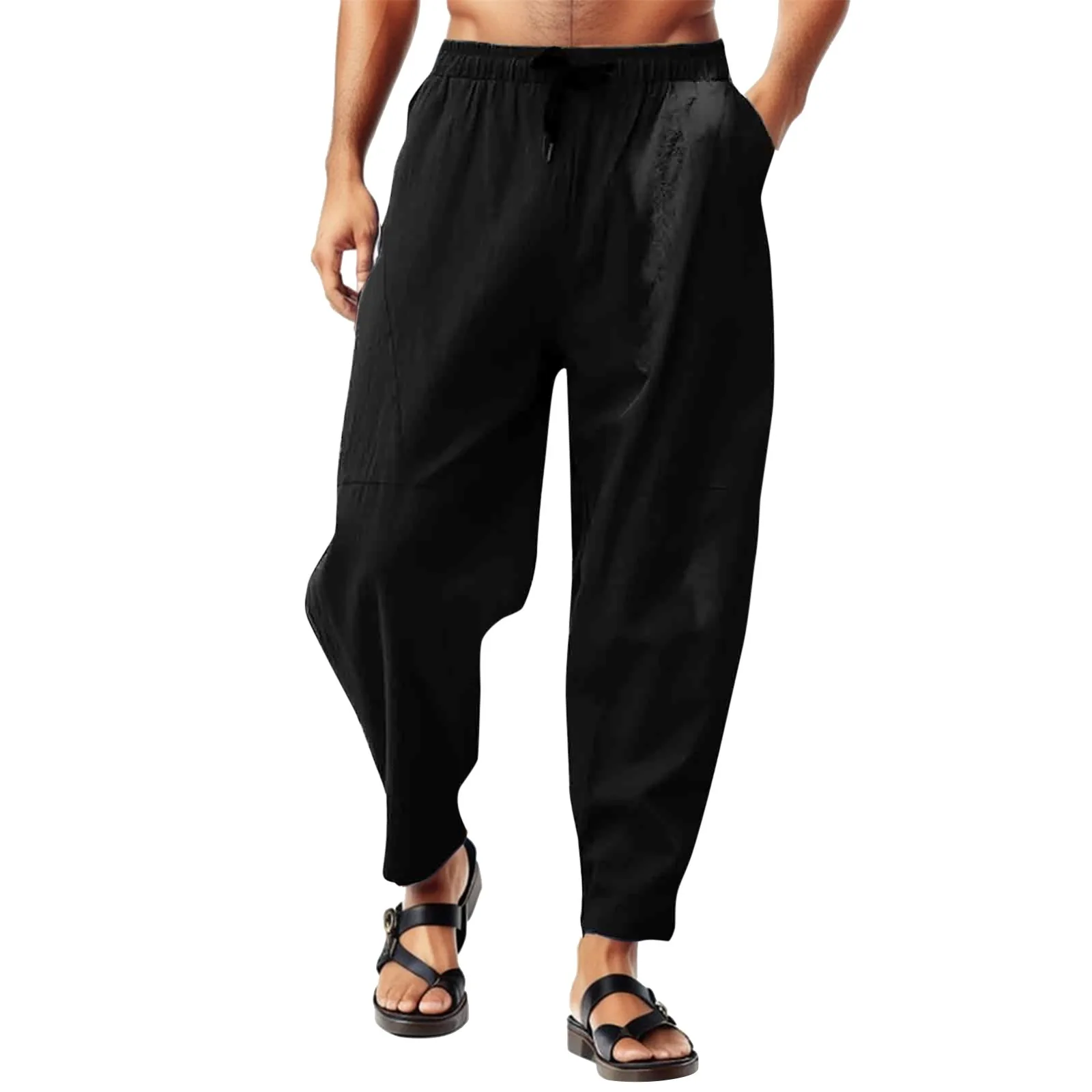 

New Men Spring And Summer Pants Casual All Solid Color Cotton Loose Trouser Fashionable Simplicity High Waisted Beach Pants