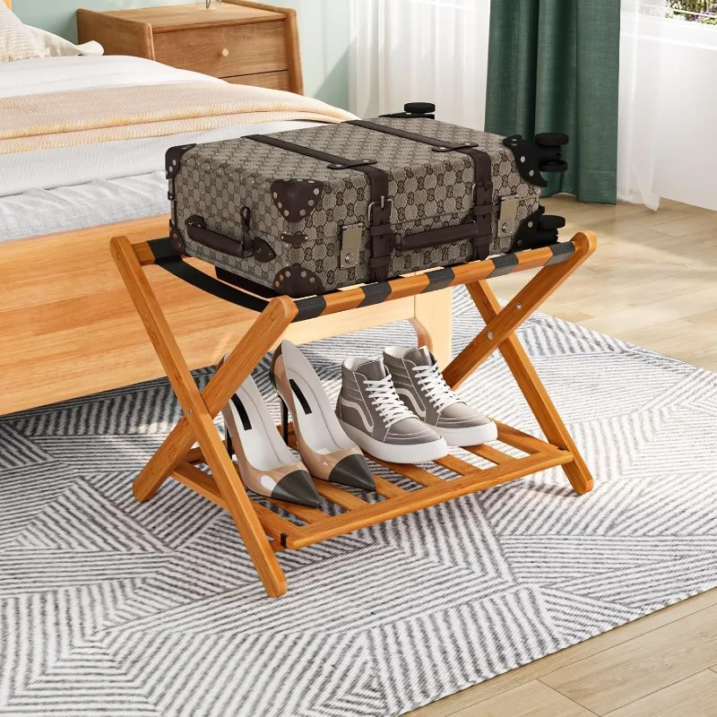 Assembled Honey Luggage Rack, Upgraded Bamboo Foldable Suitcase Stand with 5 Nylon Straps, Luggage Holder with Shel