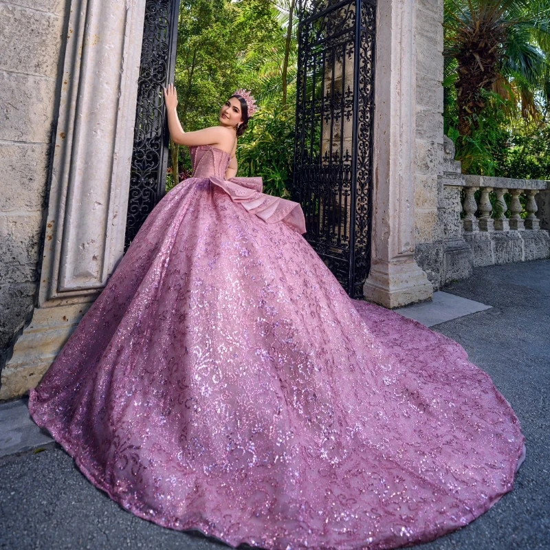 Pink Sweetheart Quinceanera Dresses Ball Gown Off The Shoulder Tulle Lace Beads Crystal Puffy Mexican Sweet 16 Vestido De 15Anos