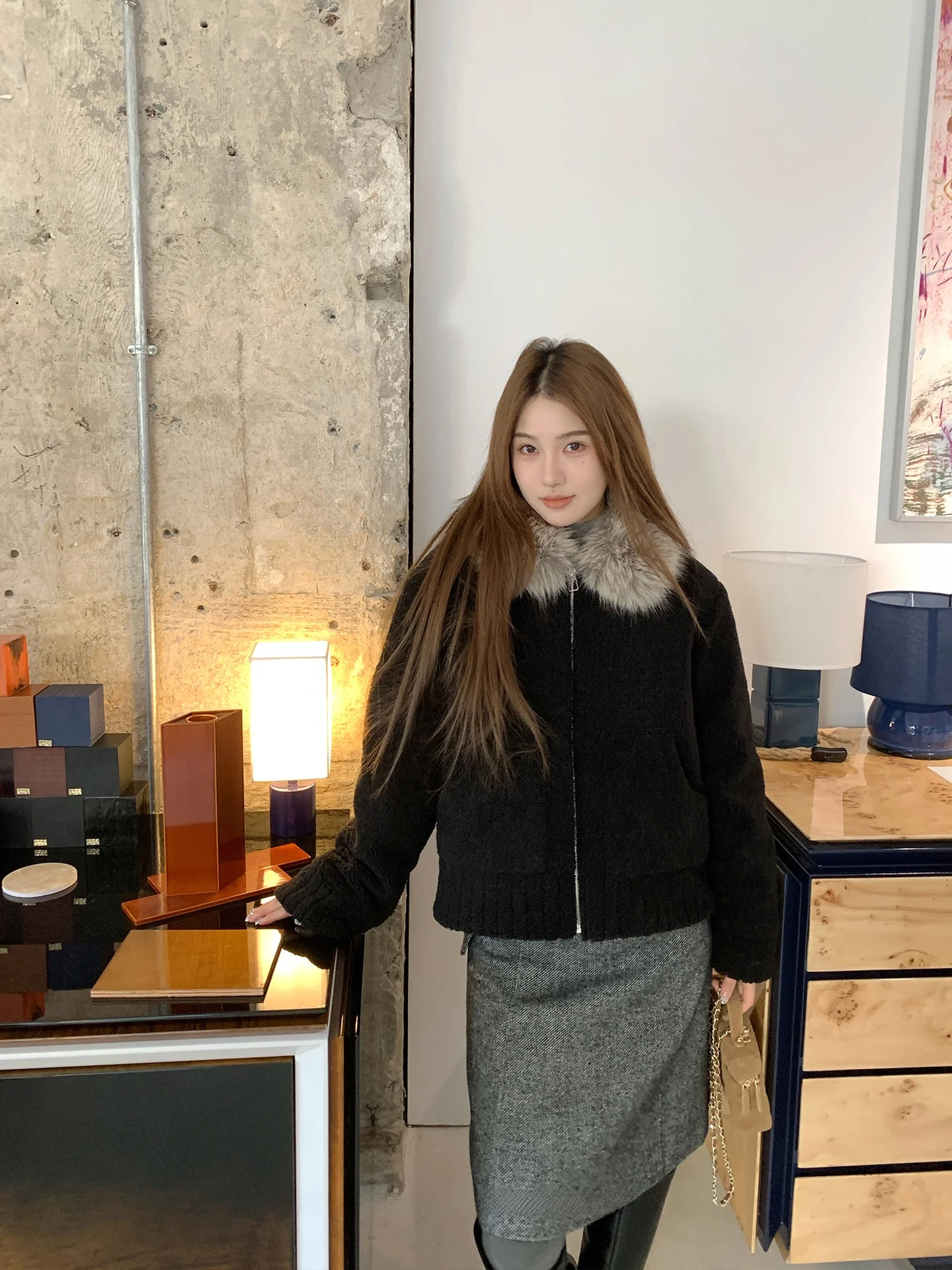 

SSONG down Jacket Women's Short Loose Furry Collar Warm Black Casual Style Wool Filling Long Sleeve Zipper Closure Coat