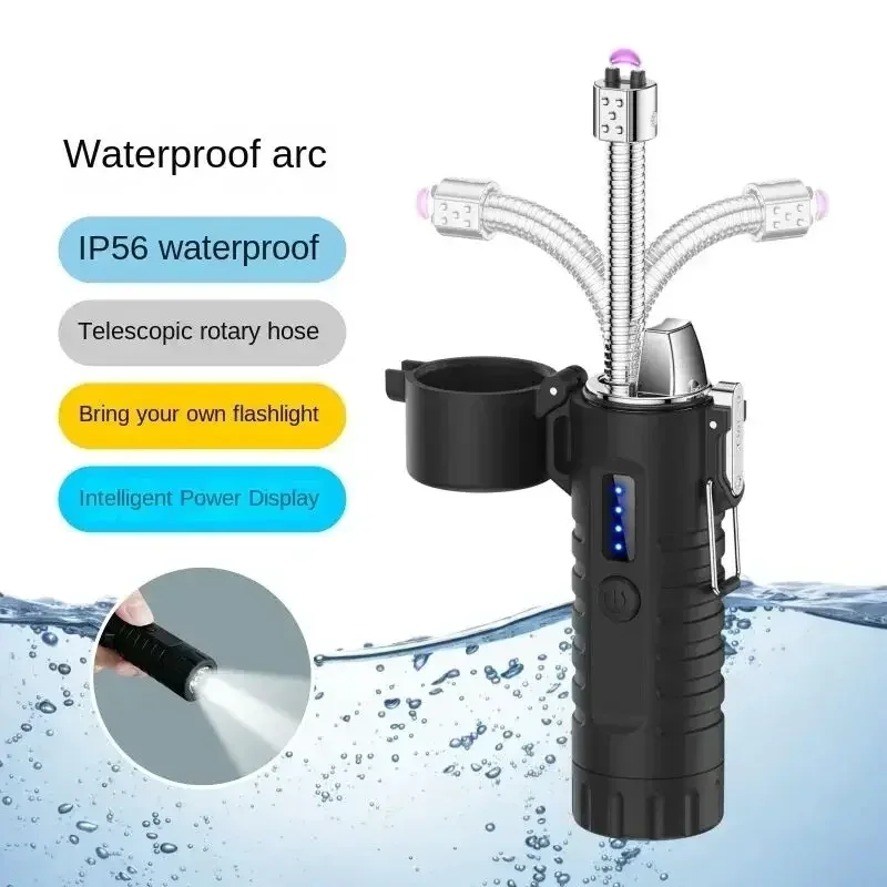 Metal Windproof Waterproof Pulse Dual Arc Type C Rapid Charge Electronic Lighter with Strong Light Flashlight Outdoor Lighters