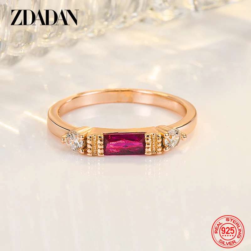ZDADAN 925 Sterling Silver Rose Gold Red Zircon Ring For Women Fashion Jewelry Accessories Gift