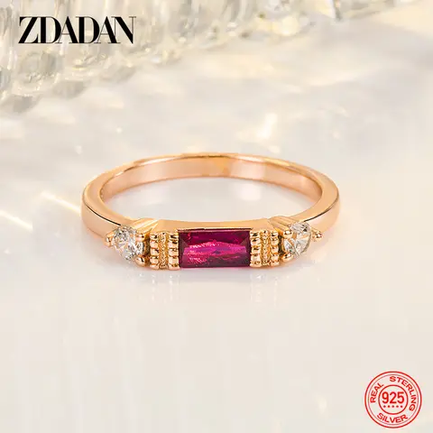 ZDADAN 925 Sterling Silver Rose Gold Red Zircon Ring For Women Fashion Jewelry Accessories Gift
