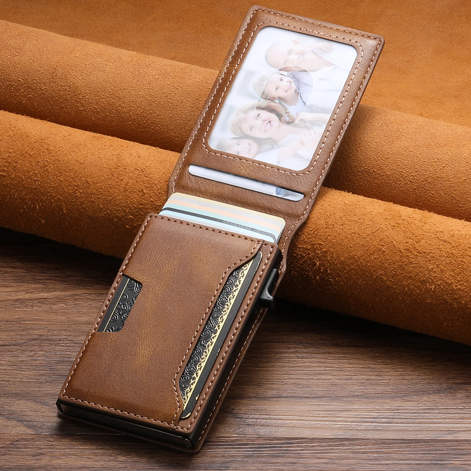 SUTENI Kartensteckplatz, Brieftasche, Flip-Cover, Kartenbox aus Kunstleder, drückt den Knopf automatisch die Karte aus – Detail 4