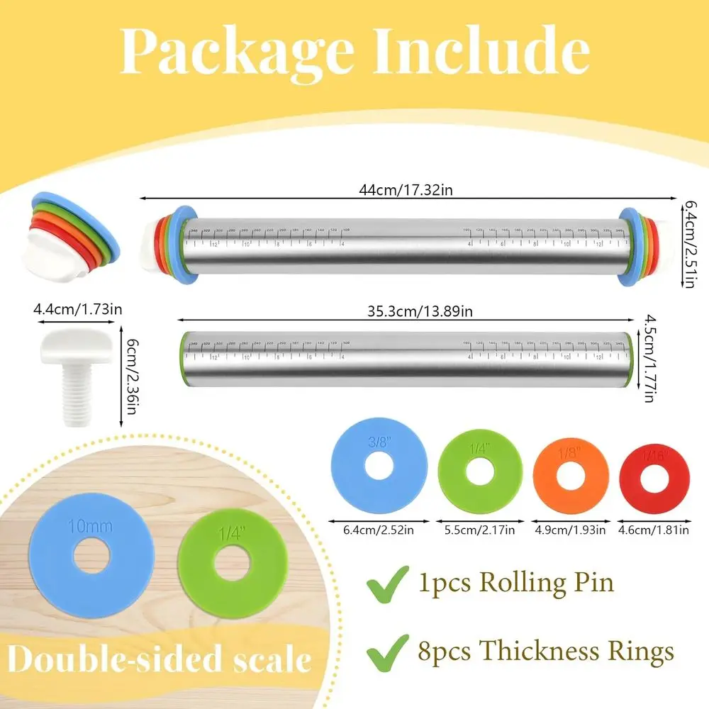 Adjustable 17 Stainless Steel Rolling Pin with 4 Thickness Rings for Baking & Pasta Making