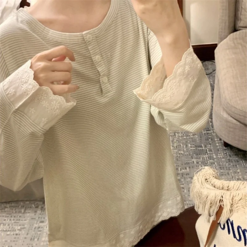 Pajama Women Autumn Winter Long sleeved Pants Set Korean Sweet Lace Casual Striped Home Suit Two-piece Sleepwear Pijama Mujer