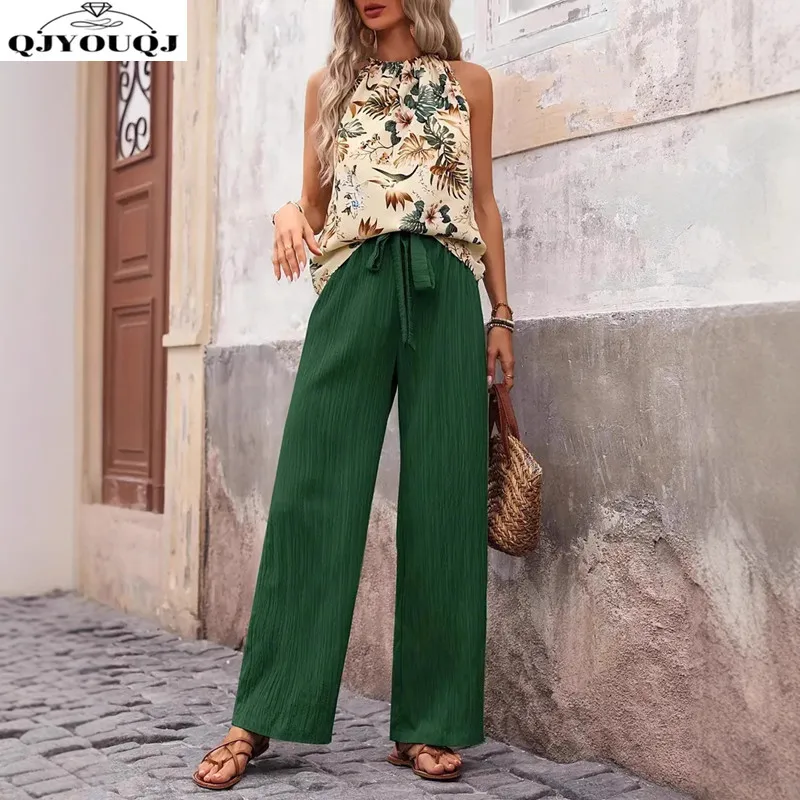 

2025 European and American new cross-border printed sleeveless top+pants fashion two-piece set