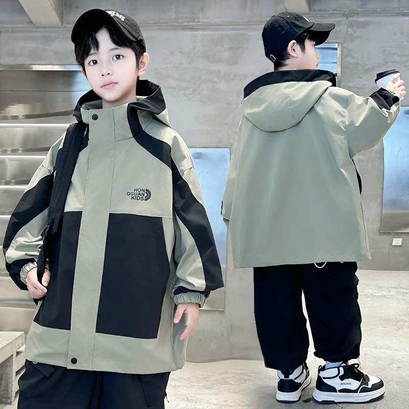 

Spring Autumn Kids Polyester Trench Coat For Boys Windproof Jacket British Style Windbreaker with Hoodie Child Casual Clothes