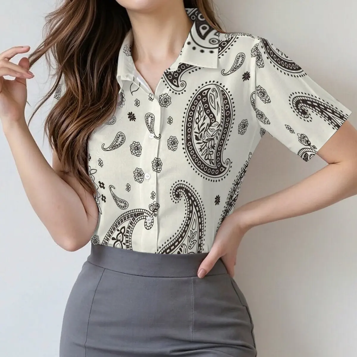 

Women's summer short-sleeve lapel shirt, retro exotic style, suitable for business and casual wear,personalized and unrestrained
