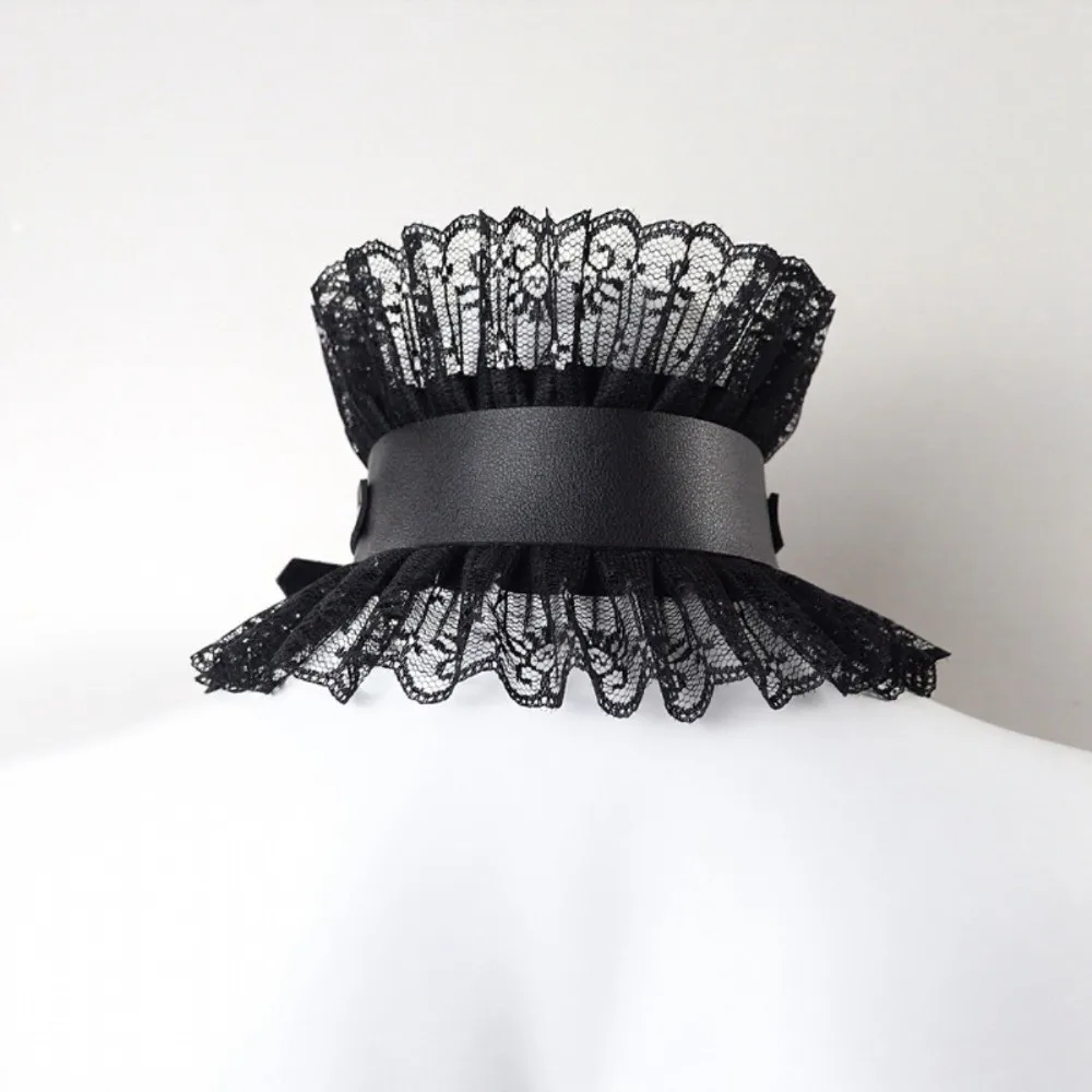 Black Red Color Pu Leather Choker Vintage Style Ruffled Floral Lace Lace Lolita Choker Chunky Adjustable Gothic Neck Ruff Party
