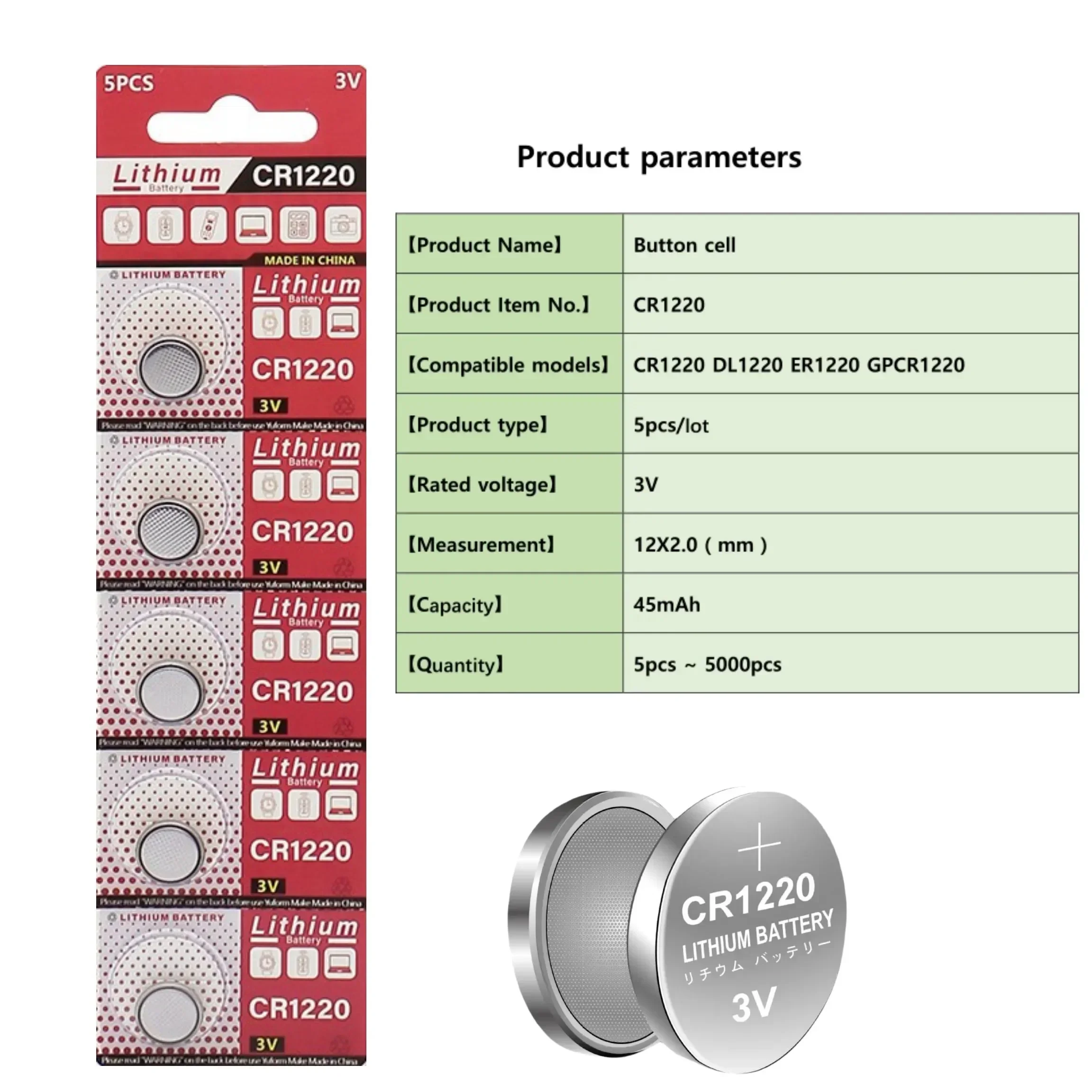 100 STKS CR1220 3 V Lithiumbatterij CR 1220 BR1220 DL1220 LM1220 ECR1220 voor Autosleutel Afstandsbediening Rekenmachine Schaal knop Knoopcel