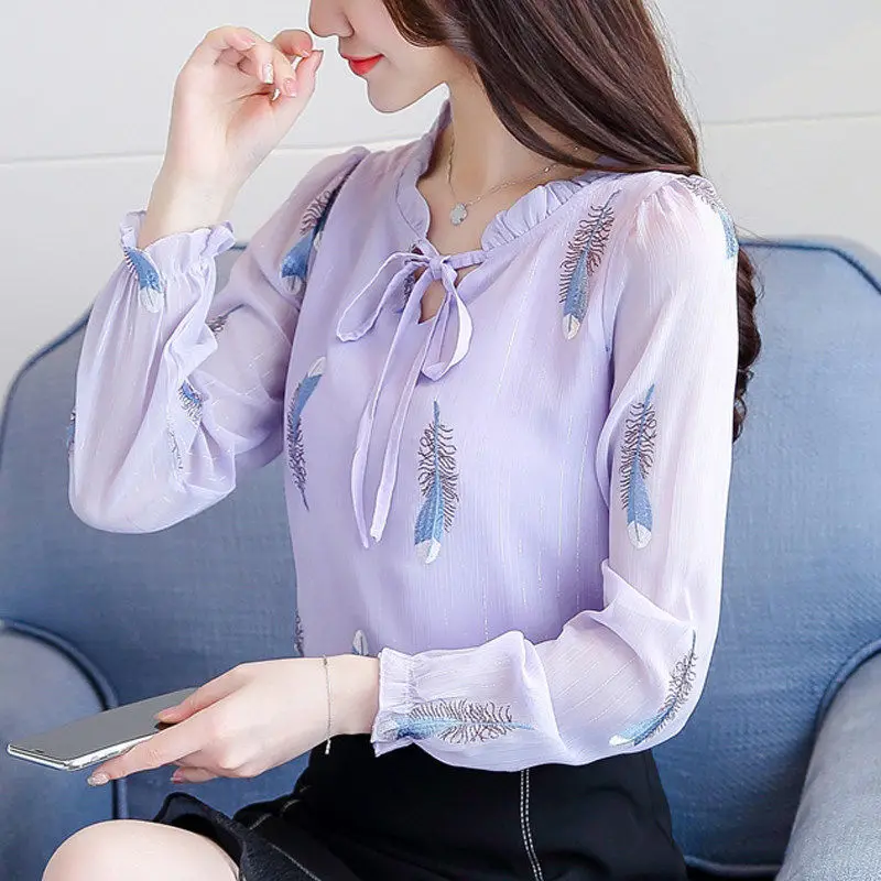 Fashion Printed Ruffles Lace Up Bow Blouse Women\'s Clothing 2022 Autumn New Oversized Loose Casual Pullovers Loose Sweet Shirt