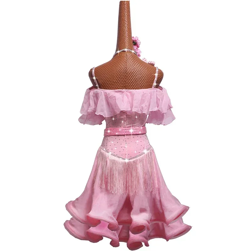 فستان رقص لاتيني صيفي بحجر الراين اللامع للسيدات، تنورة سالسا هامشية مثيرة، ملابس مسائية لقاعة الرقص