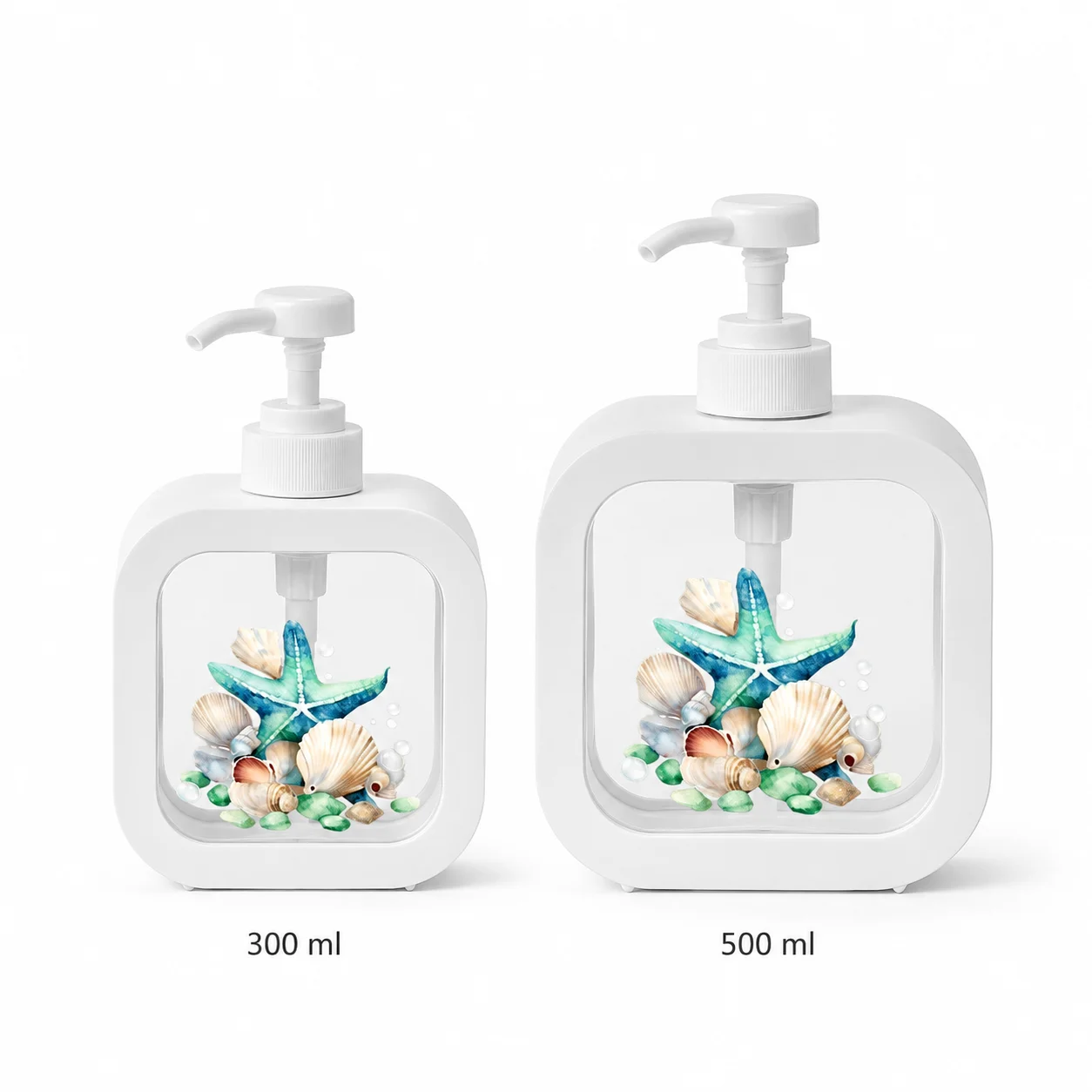 Refillable Soap Dispenser, Coastal Starfish Shell Pump Bottle, Clear Window Hand Wash Lotion Container for Bathroom Kitchen