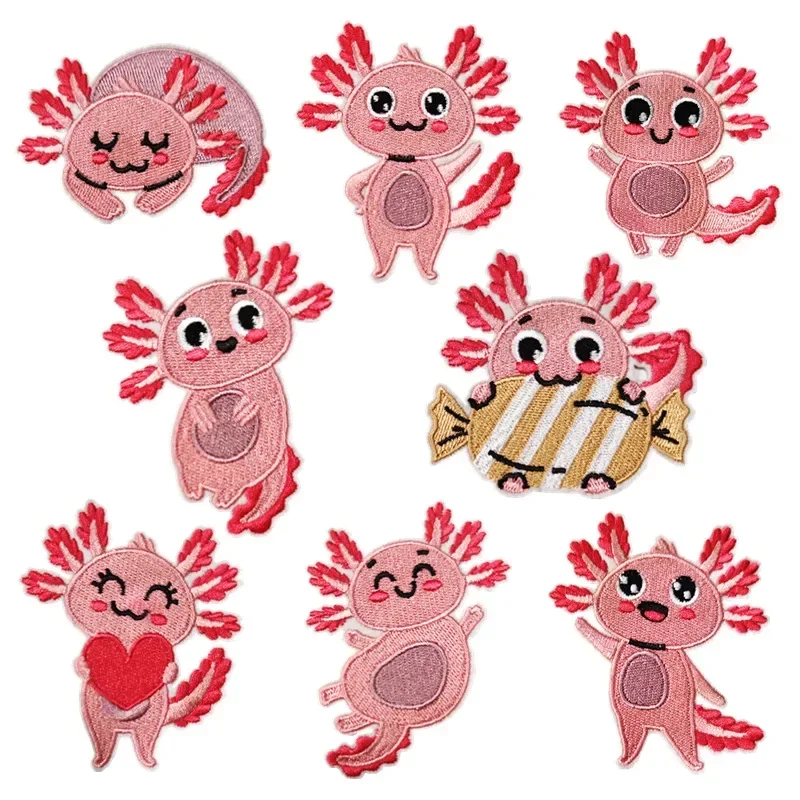 Cartoon Pink Salamander Embroidery Iron on Patches Cute Baby Newt Thermoadhesive Sticker Kids Patch for Clothing DIY Holes Patch