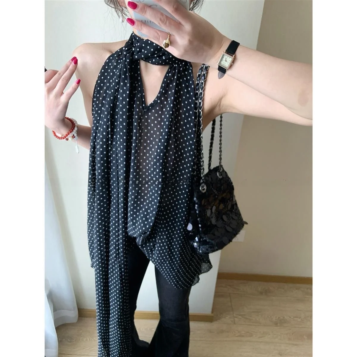 

Retro Chic Polka Dot Silk Women's Summer Base Shirt Loose Fit Breathable Comfortable round Neck Short Sleeve Top