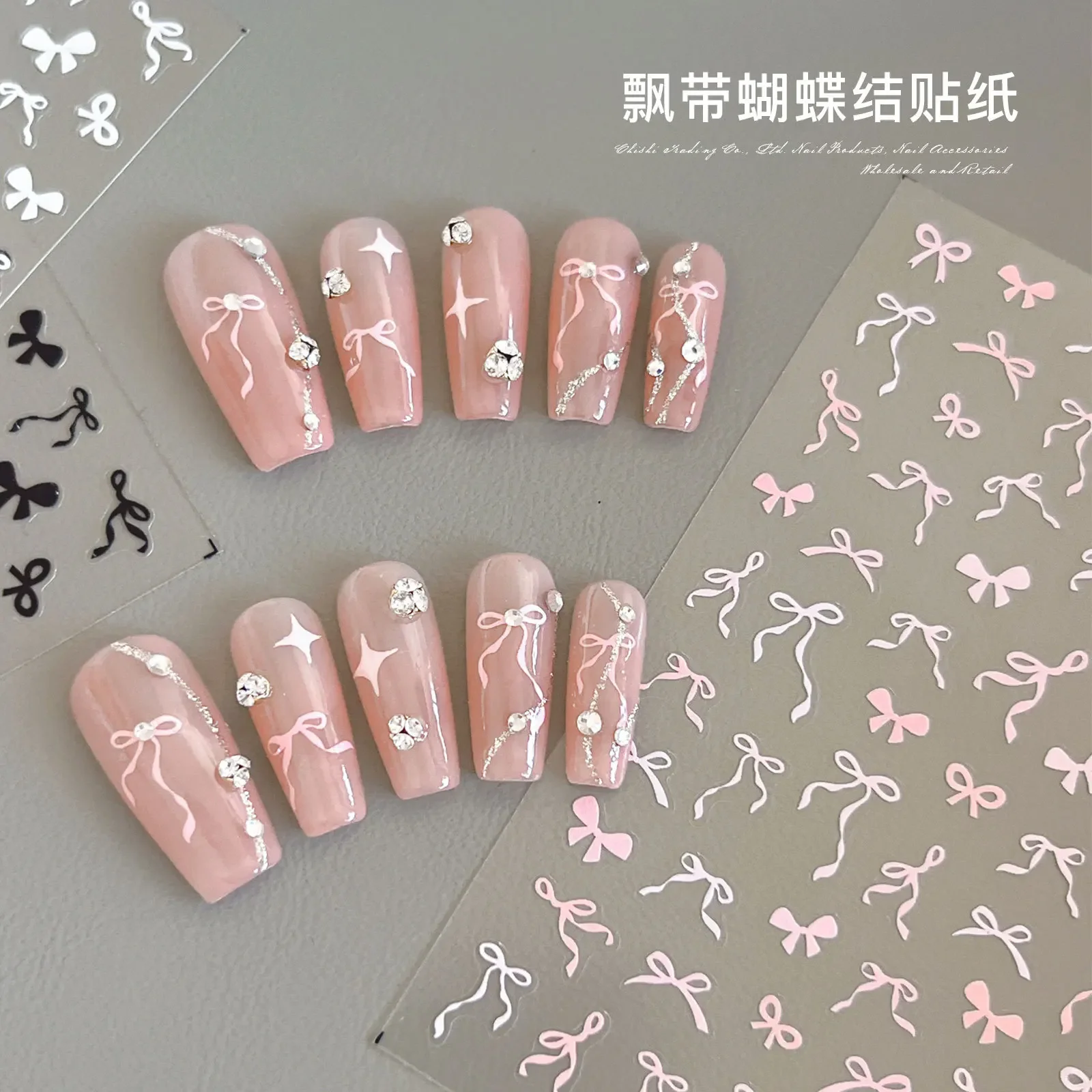 1pcs 5D Embossed Bow Nail Charm Sticker Pink Black White Long Ribbon Self Adhesive Sticker Press On Nails DIY Decoration Decals