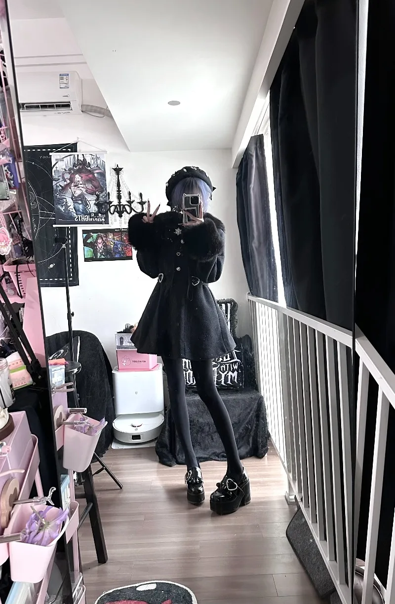 เสื้อโค้ทขนสัตว์แบบยาวปานกลาง ดีไซน์ดั้งเดิม ผลิตจำนวนมาก แต่งโบว์ เอวสูง ทรงเข้ารูป สไตล์ญี่ปุ่น น่ารัก