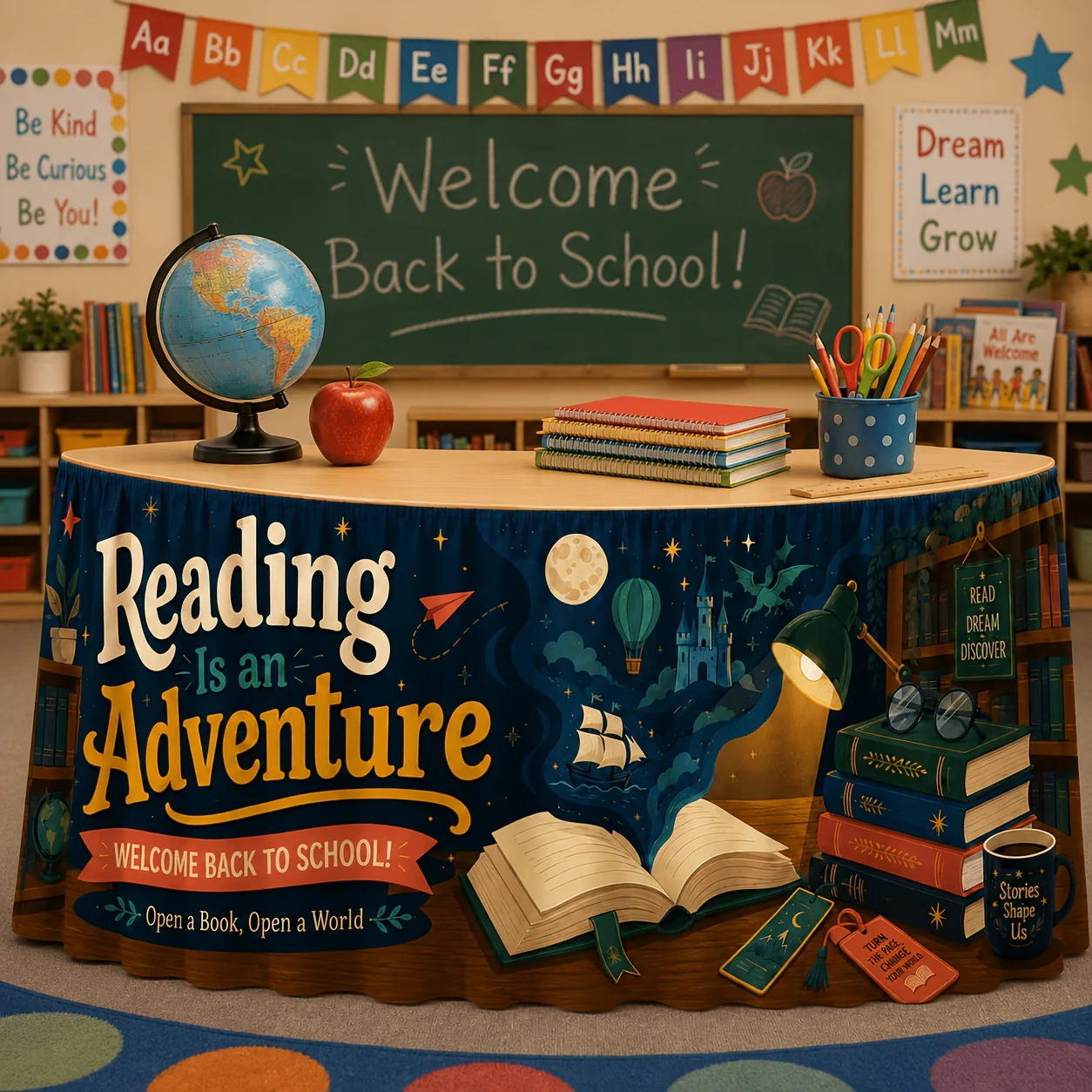 One-piece reading-themed table skirt. Book castle, airship, dragon, night, star, moon, light printed tablecloth.