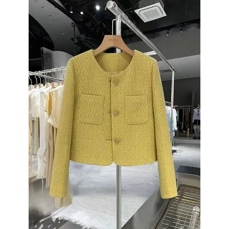 

Korean Elegant Yellow Sweet Tweed Jacket Women Vintage Slim Long Sleeve Short Coat O Neck Casual Fall Female Outwear