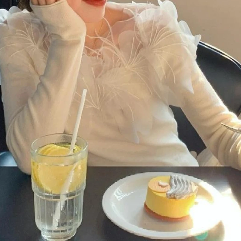 

Retro Hand-embroidered Flowery Mesh Knitted Sweater Women's Spring and Autumn High-end Sense Slim and Thin Chic Top