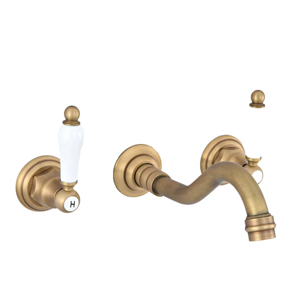 Retro Vintage Antique Brass Two Handle Wall Mount 3 Hole Widespread Bathroom Lavatory Vessel Basin Faucet Sink Mixer Tap dsf532