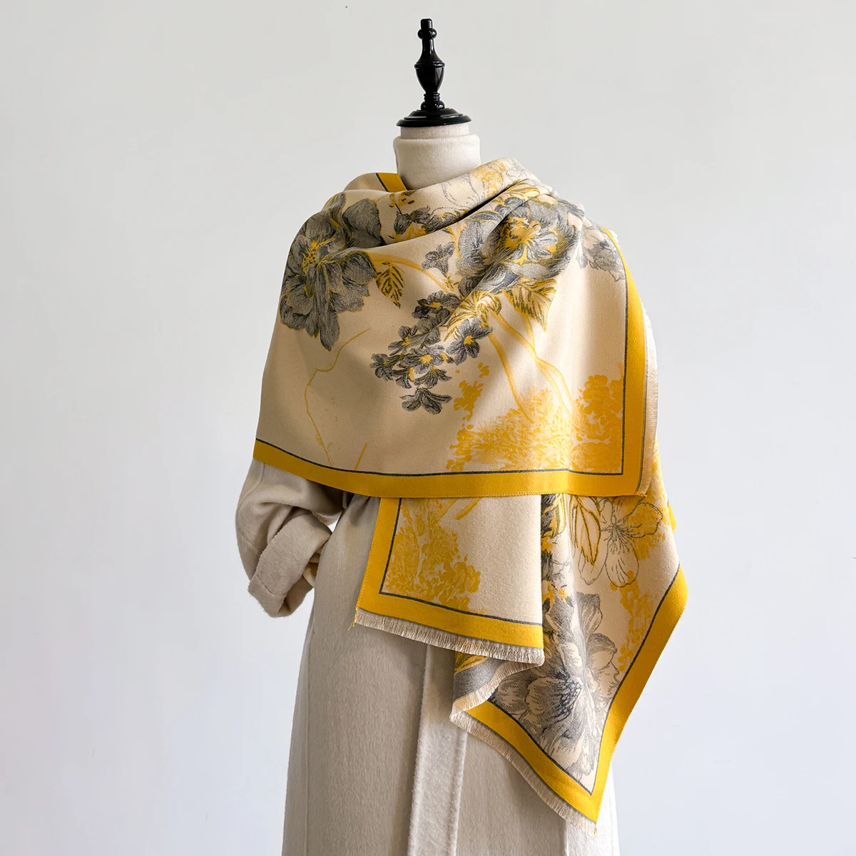 Brand Fashion Winter-Kaschmirschal für Damen – Pashmina-Schal mit Blumenmuster und Quasten, dicker, warmer Wickel- und Poncho – Detail 23