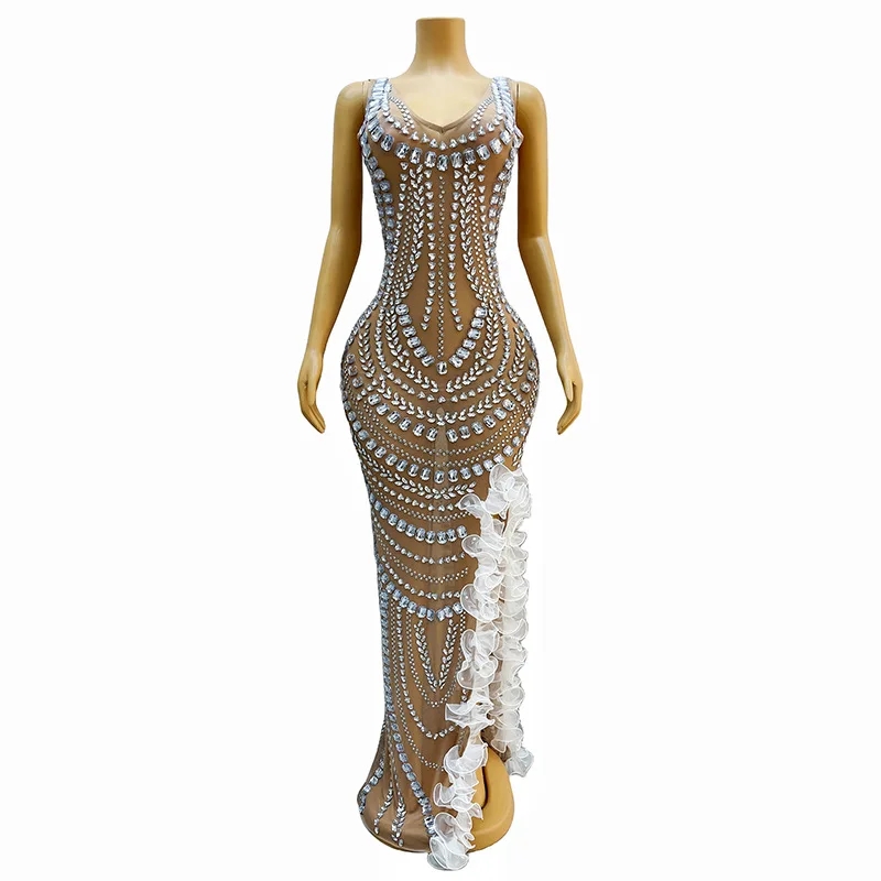 Fashion Sleeveless Long Dress For Banquet Party Host - Side Mesh, Hot Diamond, Slim Fit Party High-End Performance Dress Vestito