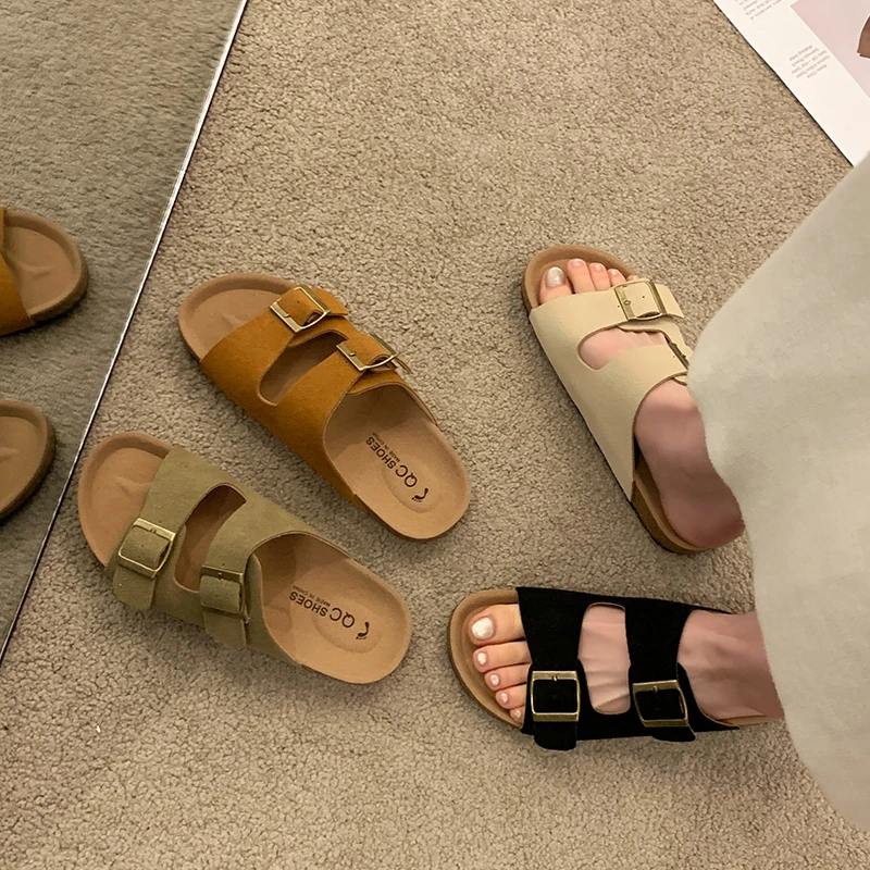 Sommer klobige Sandalen Damen Hausschuhe Mode Nubuk Birkenstocks Frauen Kork Slipper Casual Strand Doppelschnalle rutschfeste Rutschen